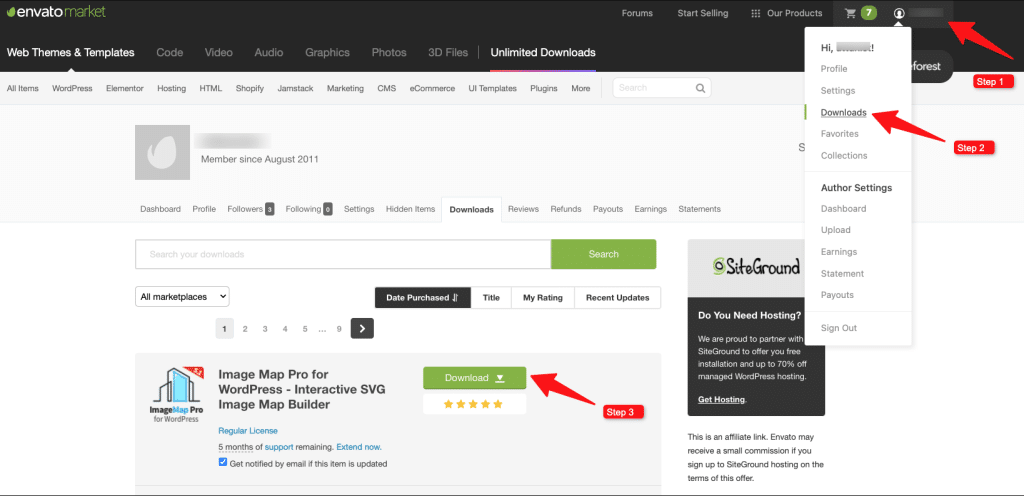 ThemeForest 账户中 WoodMart 的下载选项