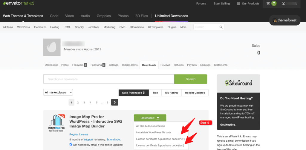 ThemeForest 中许可证证书和购买代码下载选项