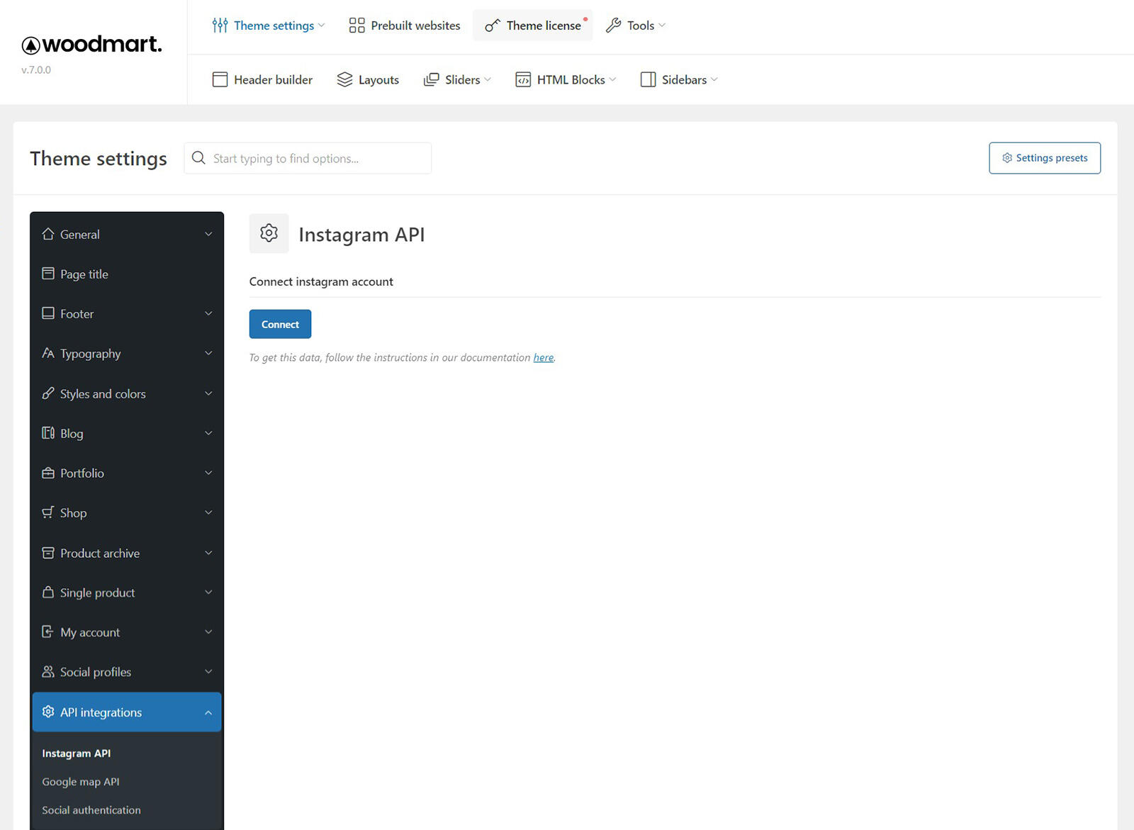 WoodMart 主题设置面板中的 Instagram API 设置