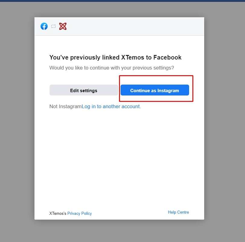 XTemos Instagram 集成的 Facebook 授权屏幕