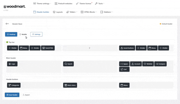 在 Header Builder 中切换桌面端和移动端布局