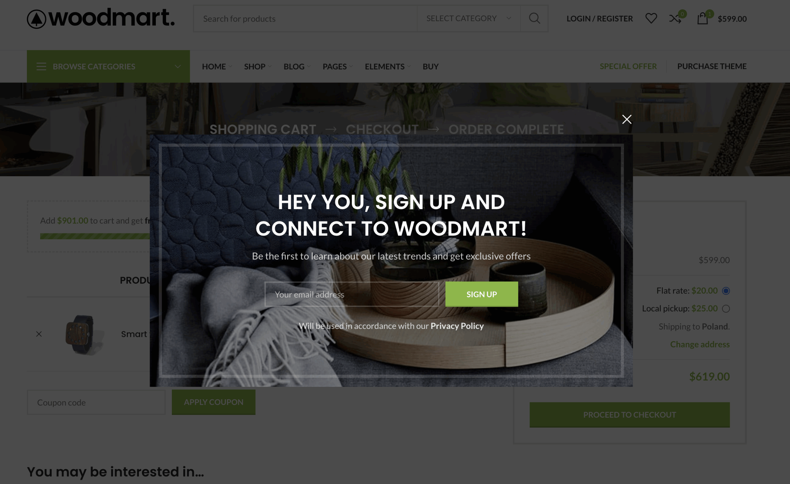 WoodMart 网站上显示的促销弹窗。
