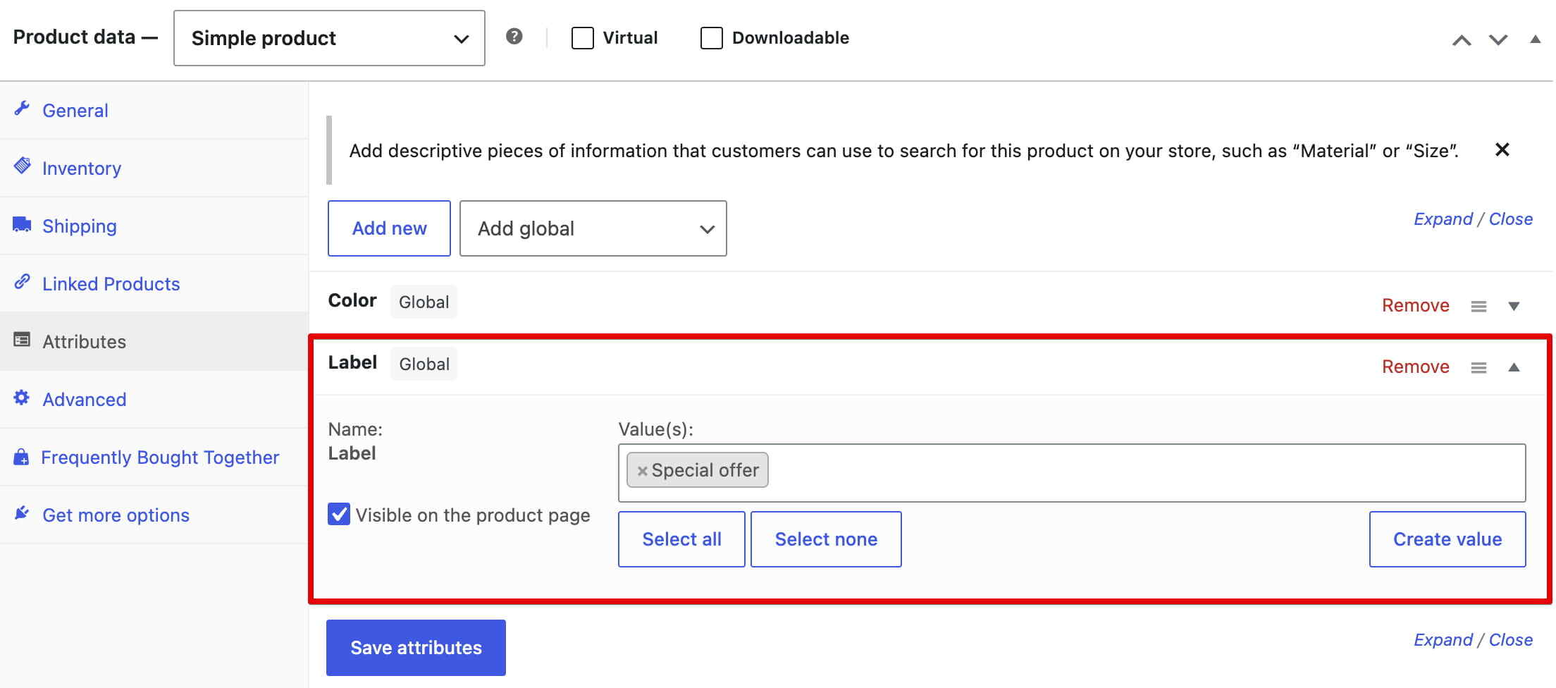 显示“标签”属性且值为“特别优惠”的 WooCommerce 产品属性编辑器