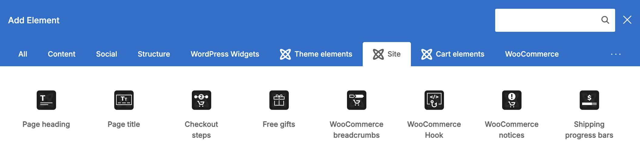 带有站点和 WooCommerce 元素类别的添加元素面板
