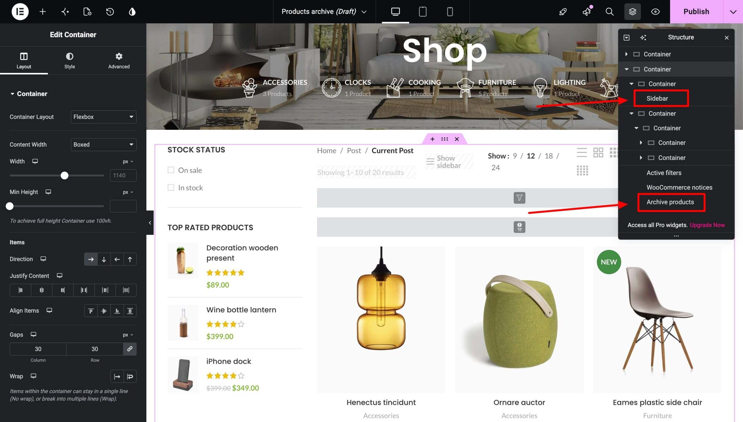 Elementor 编辑器,显示带有侧边栏和产品网格的 WooCommerce 产品归档布局
