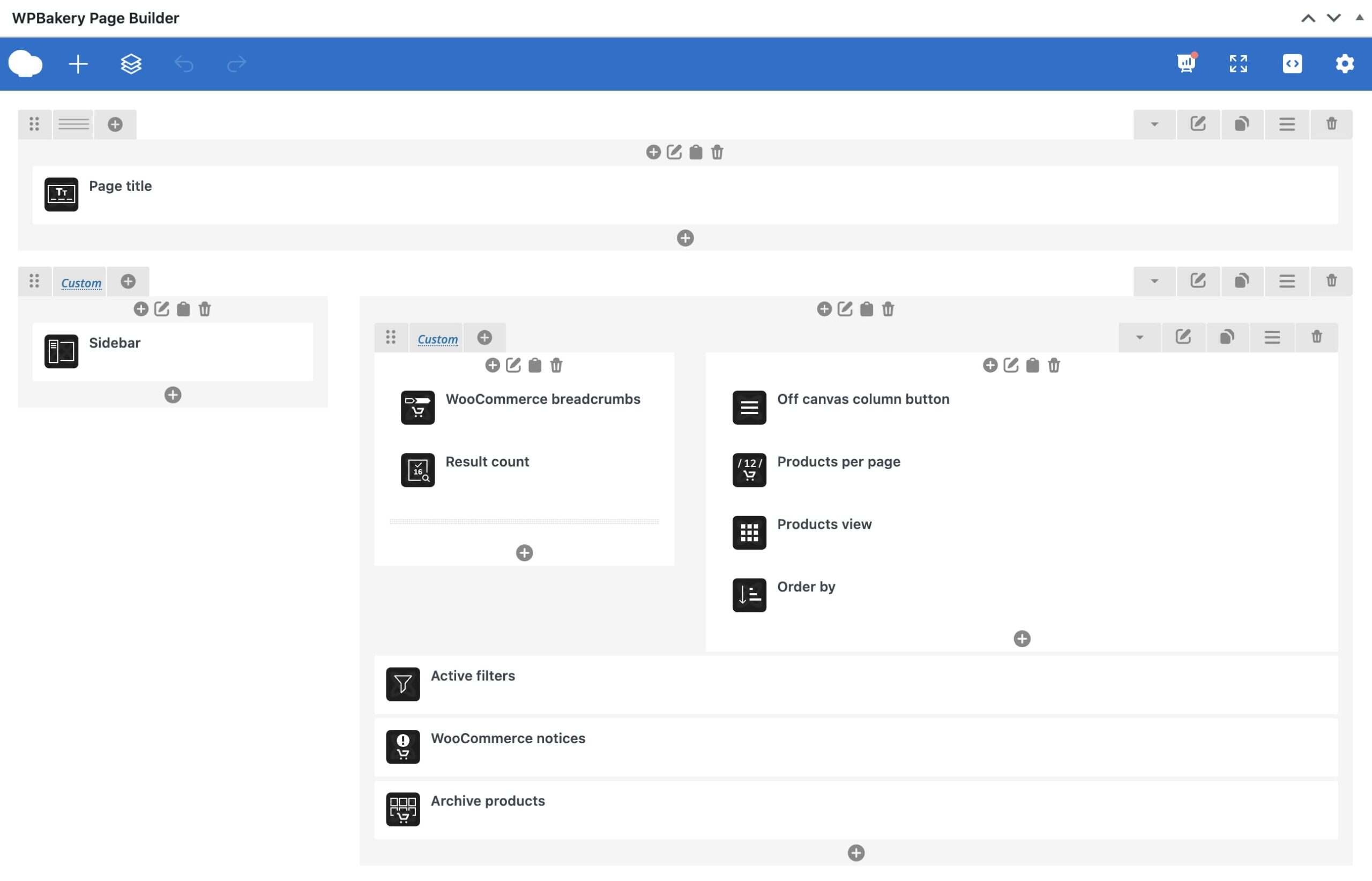WPBakery 页面构建器布局编辑器,显示页面标题、侧边栏和 WooCommerce 产品归档元素