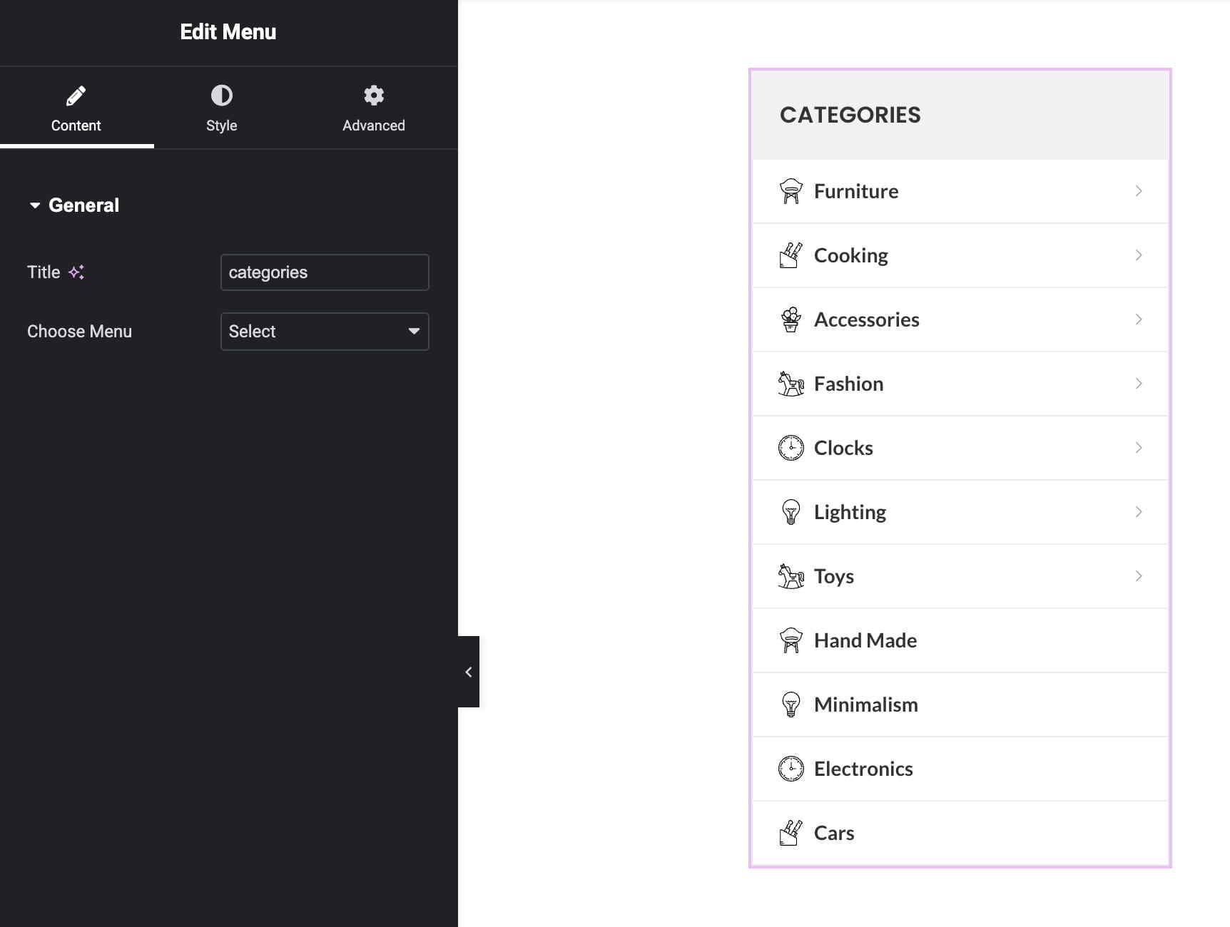element menu elementor