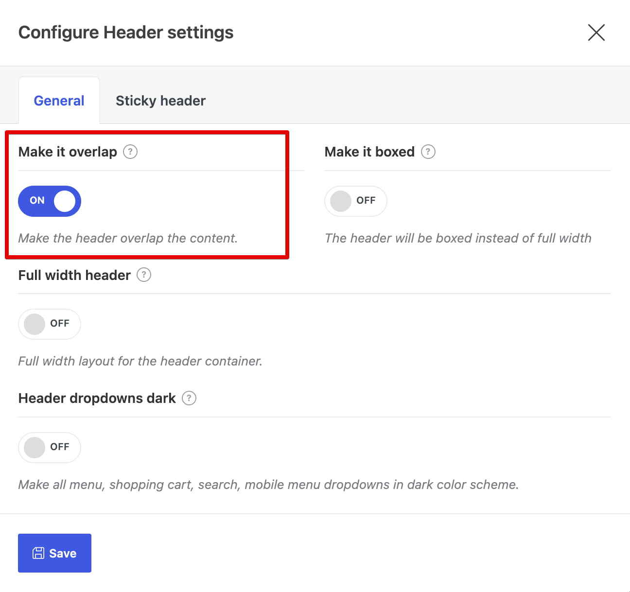 Header settings dialog with the “Make it overlap” option turned on