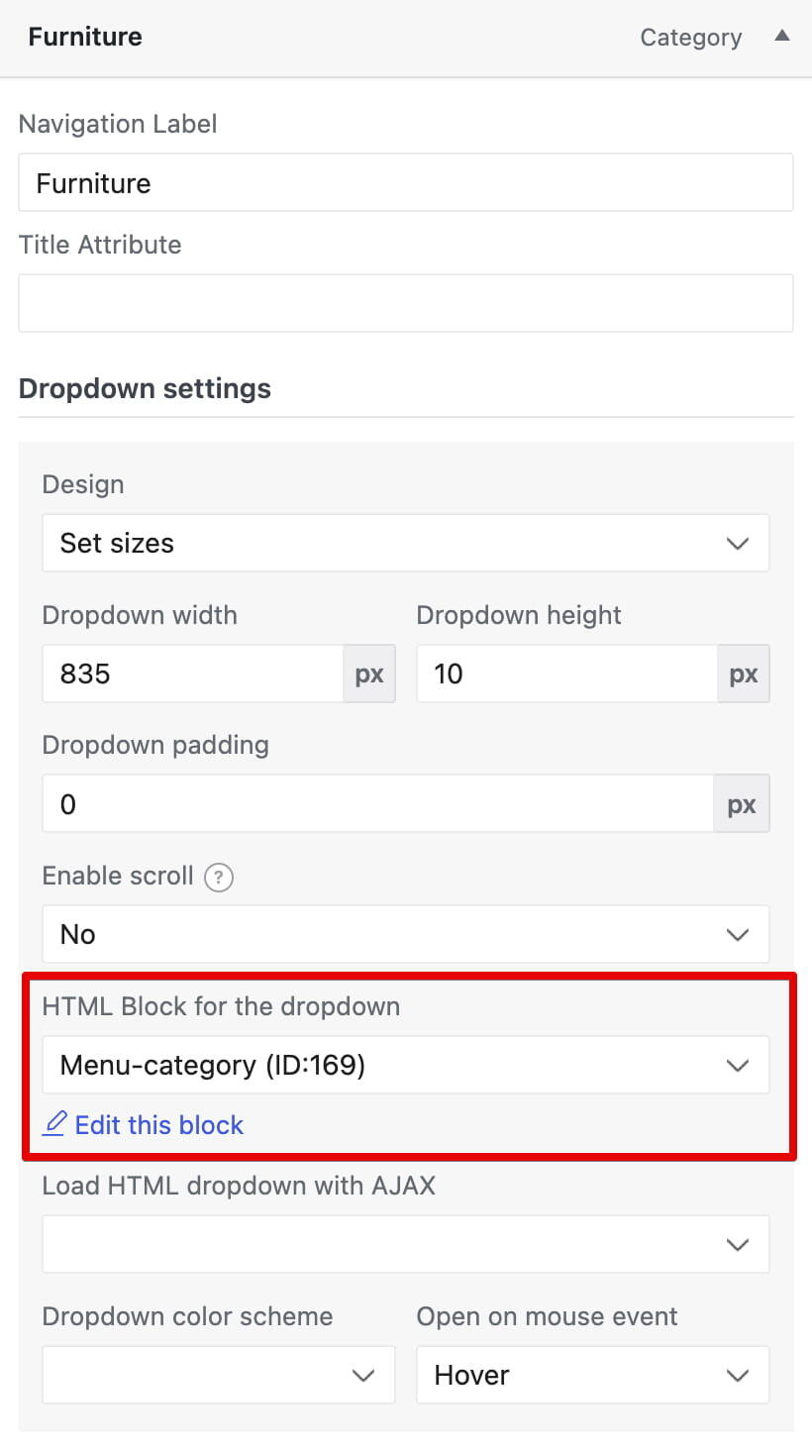 家具类别的下拉设置,显示选定的 HTML 区块