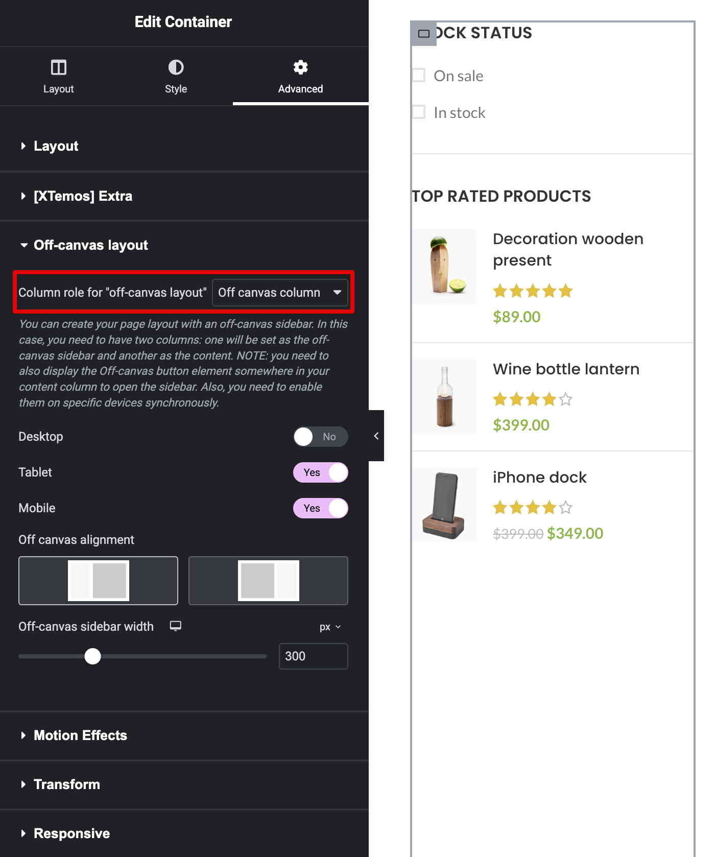 页面构建器的截图,显示抽屉式布局设置和产品侧边栏预览