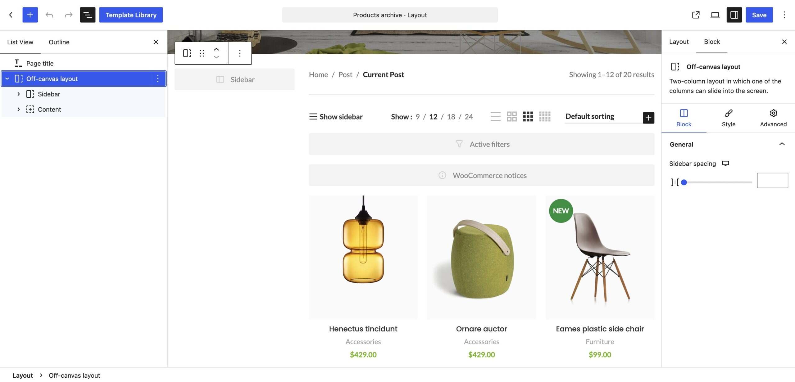 WordPress 区块编辑器,显示产品归档页面的抽屉式布局