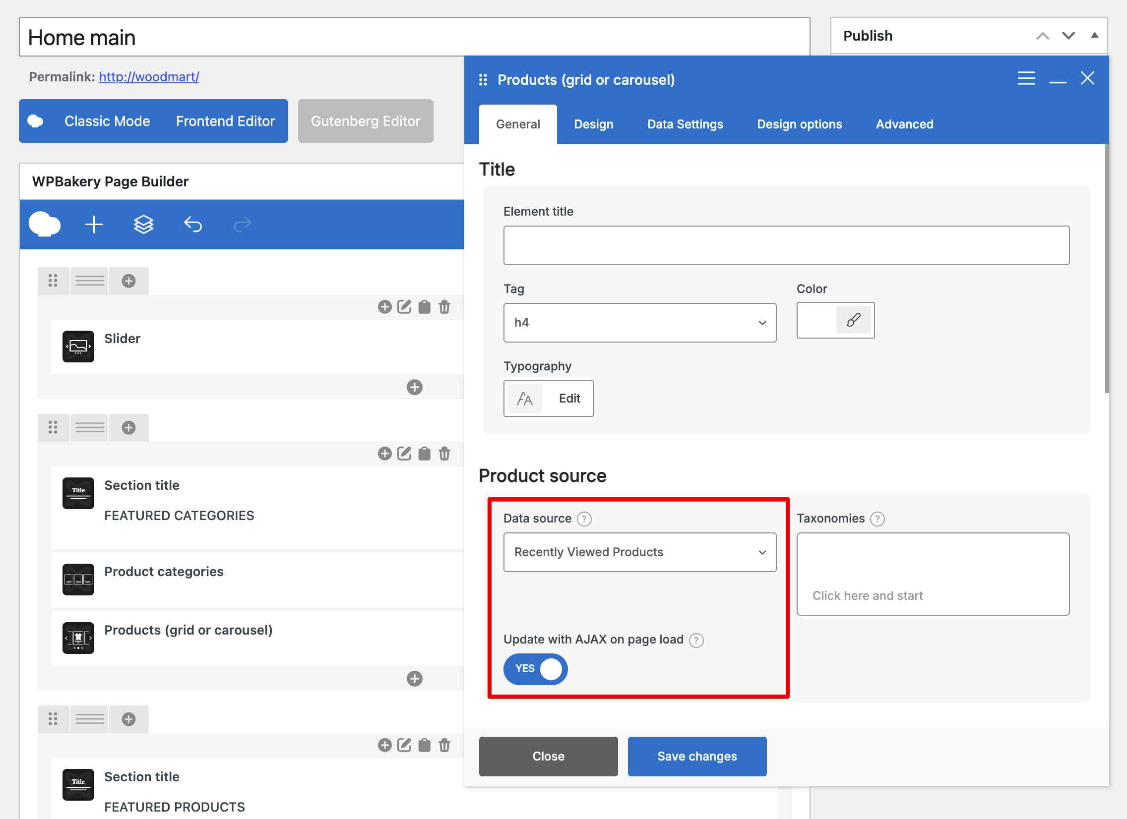 WPBakery Page Builder 产品网格或轮播图的产品源设置,数据源设置为最近浏览的产品并启用 AJAX 更新