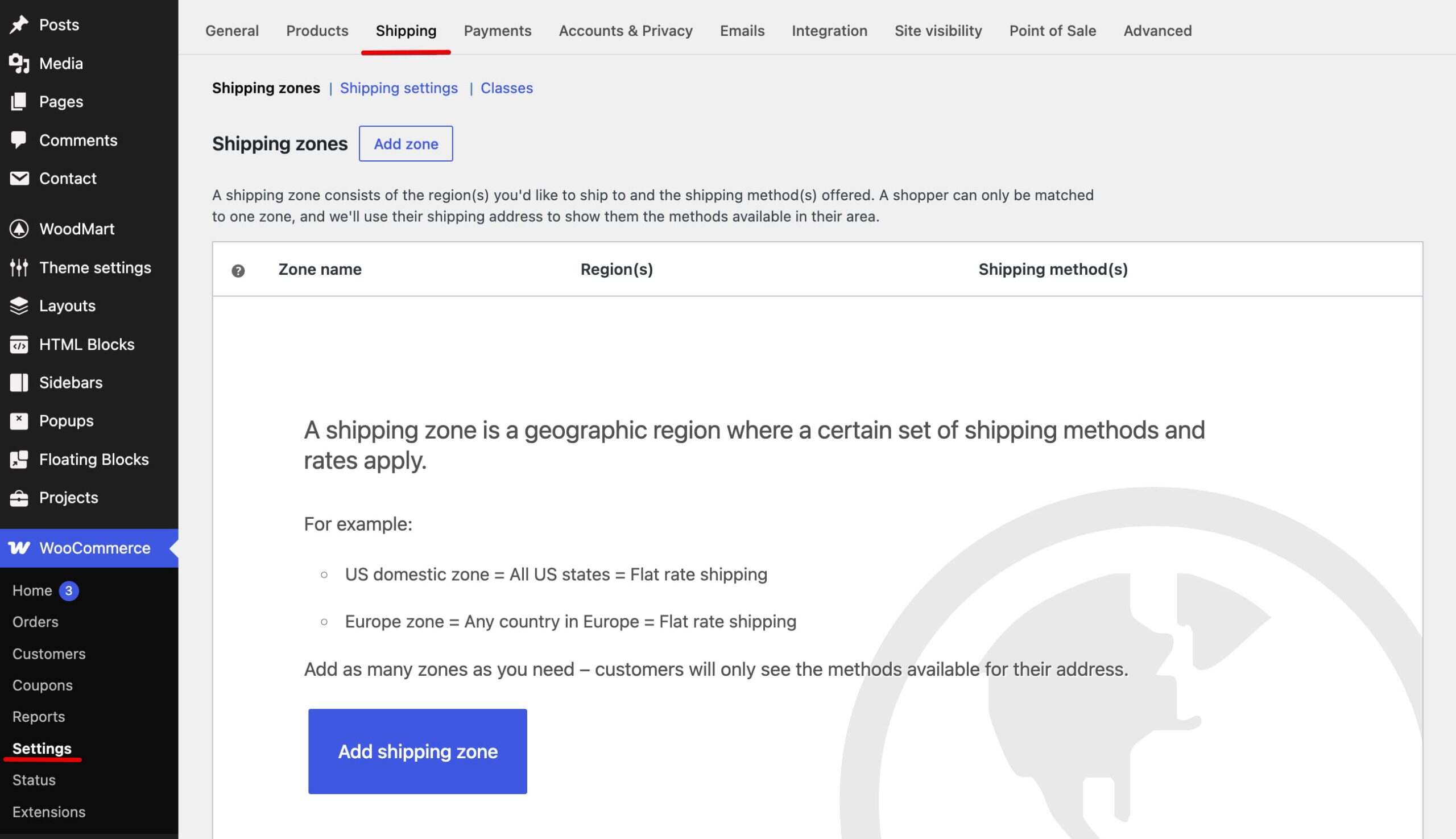 WooCommerce 配送设置页面,显示配送区域部分和添加配送区域按钮