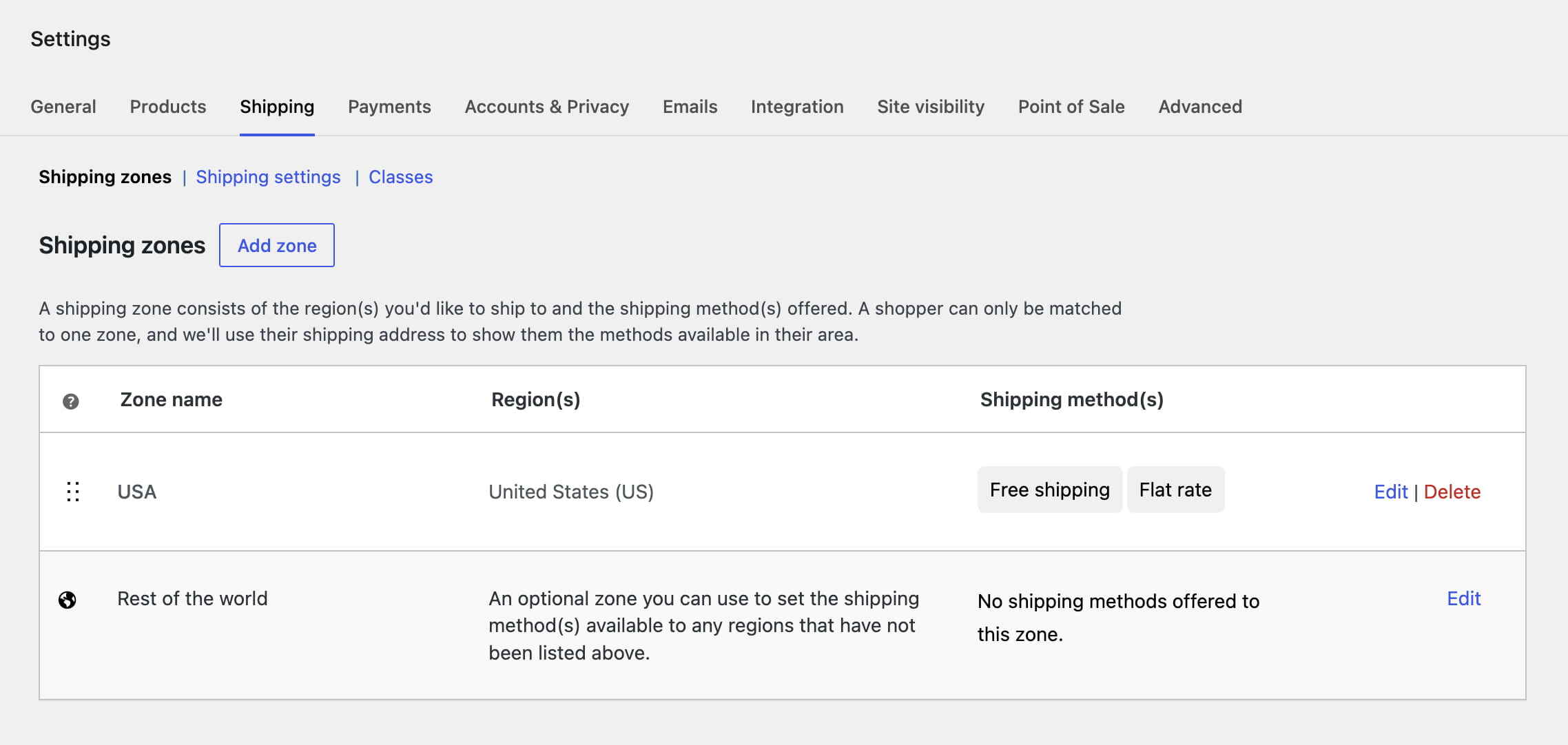 WooCommerce 配送区域设置页面,显示美国和世界其他地区区域
