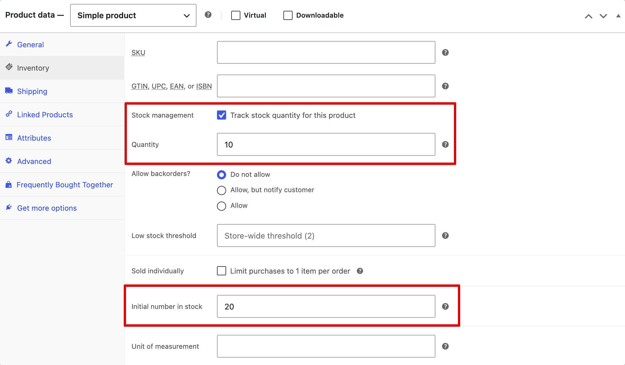 显示库存数量和初始库存字段的 WooCommerce 产品库存设置