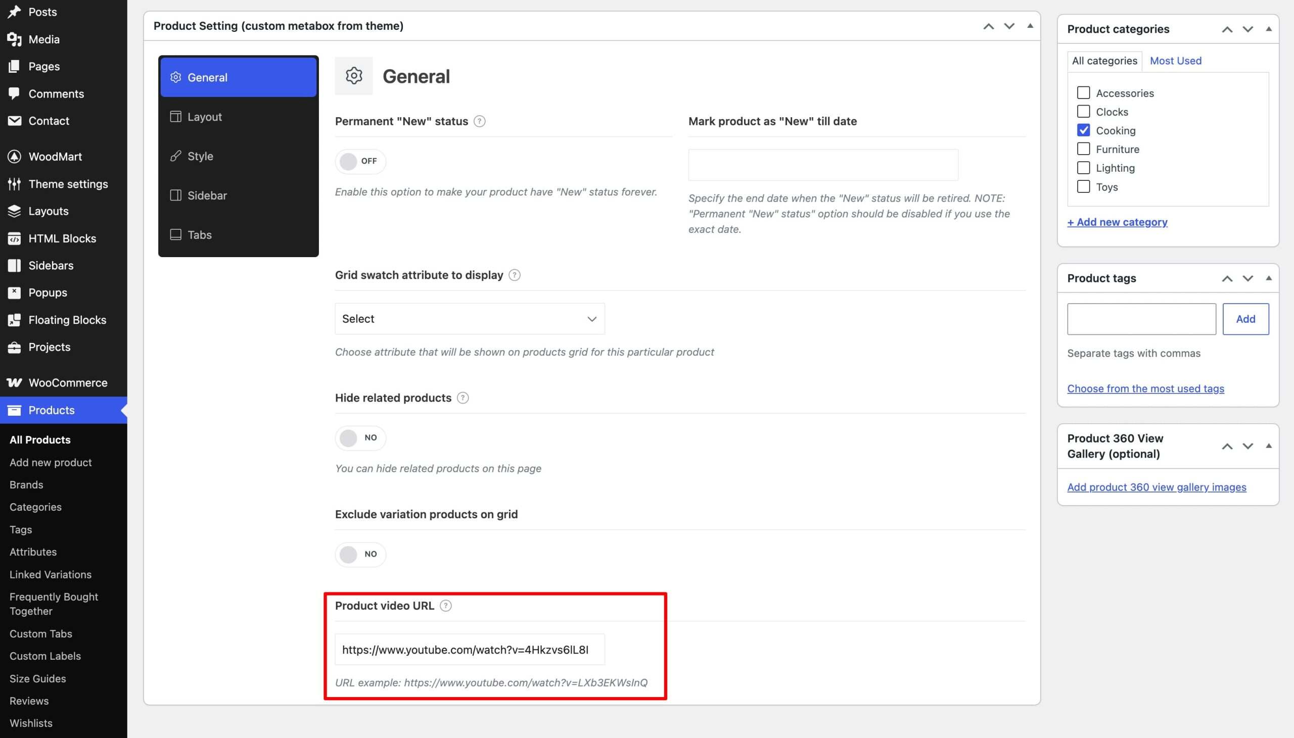 WordPress 产品设置界面,显示产品视频 URL 字段并已输入 YouTube 链接