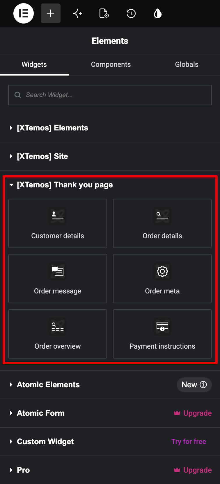 Elementor 中的感谢页面布局元素