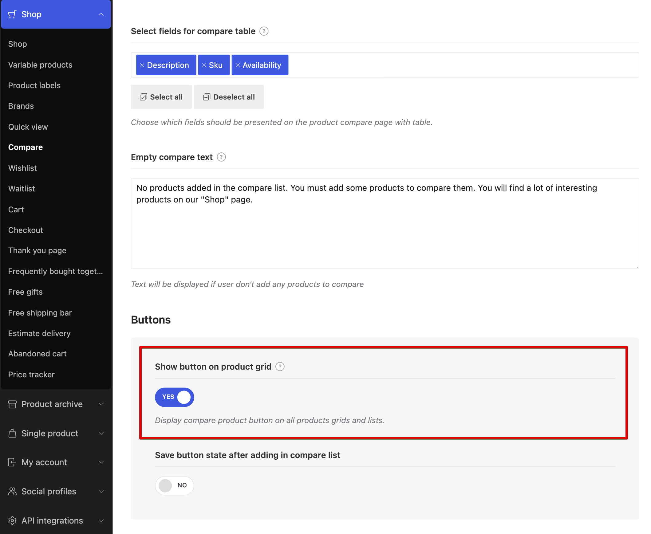 启用了“在产品网格中显示按钮”切换开关的对比设置页面