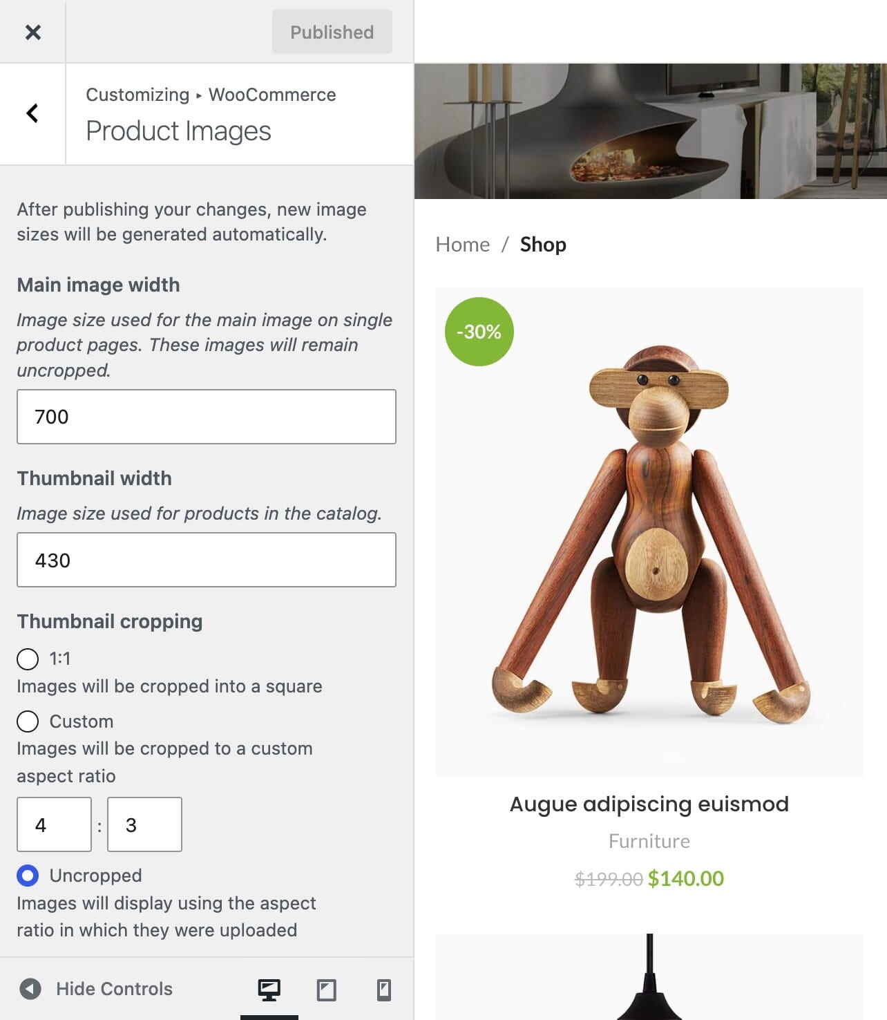 WooCommerce 产品图片设置面板,包含产品图片尺寸和裁剪选项