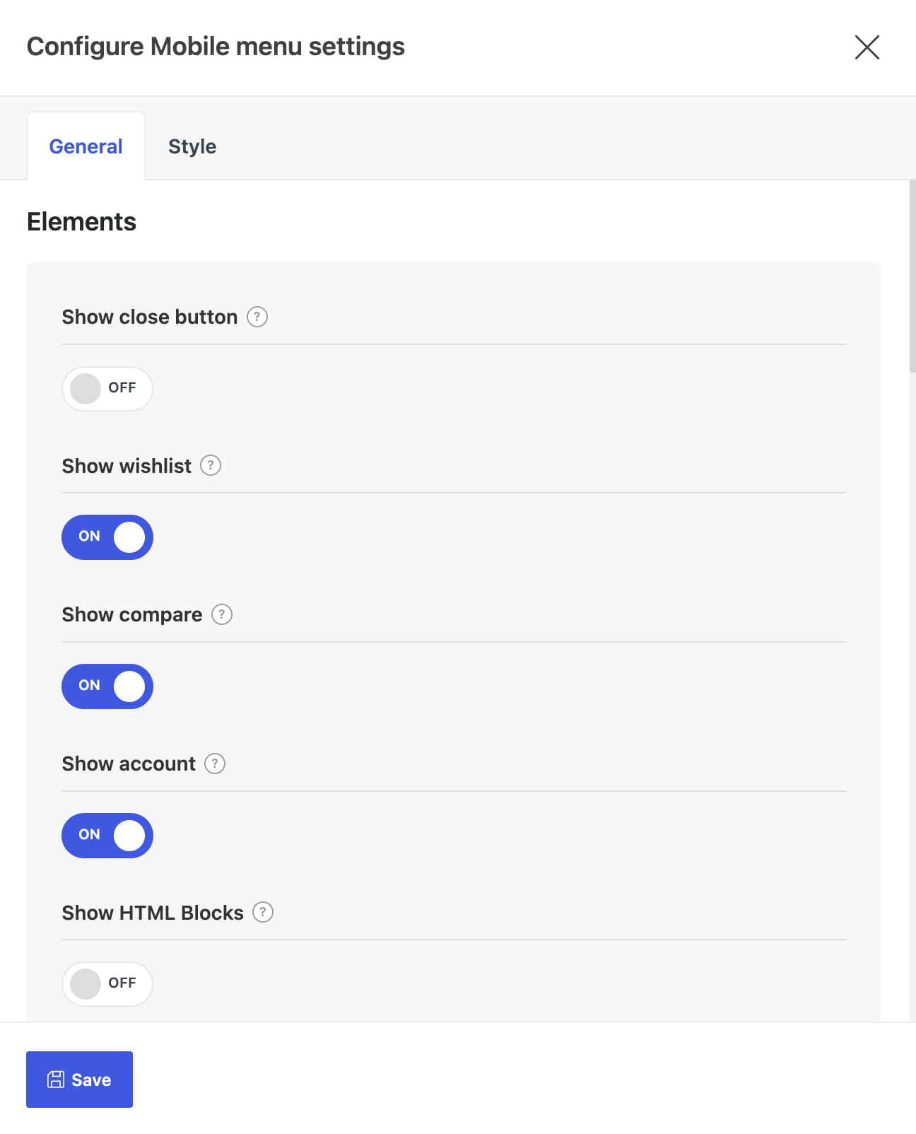 mobile menu settings